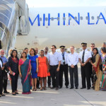 The Mihin Lanka management and the welcoming party from the Authorities of the Seychelles on landing of the inaugural flight with the Seychelles Transport and Home Affairs Minister Joel Morgan 